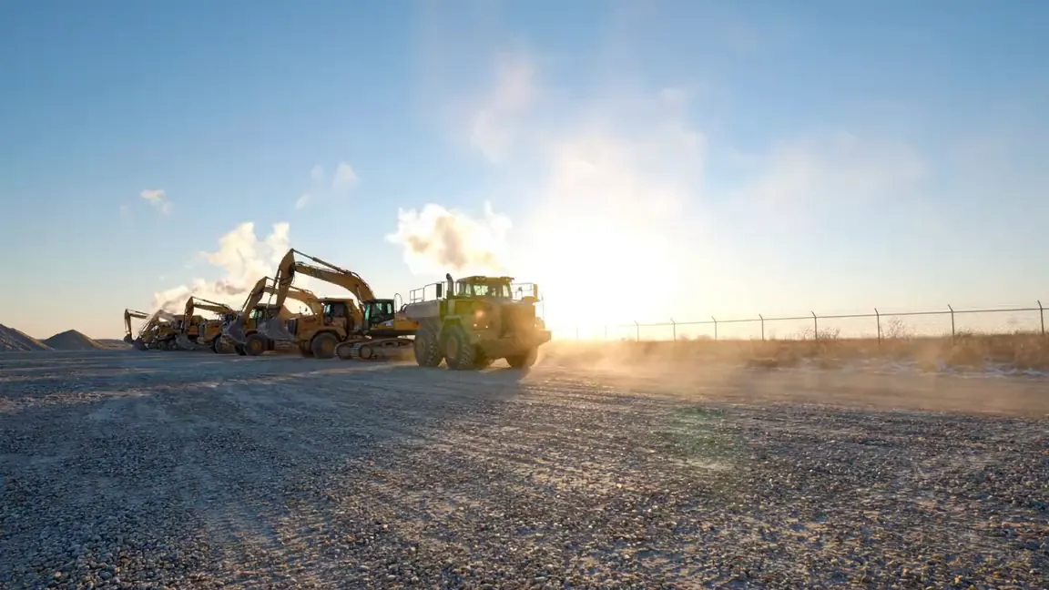 Articulated haul truck and dozer moving material in a stockpile yard