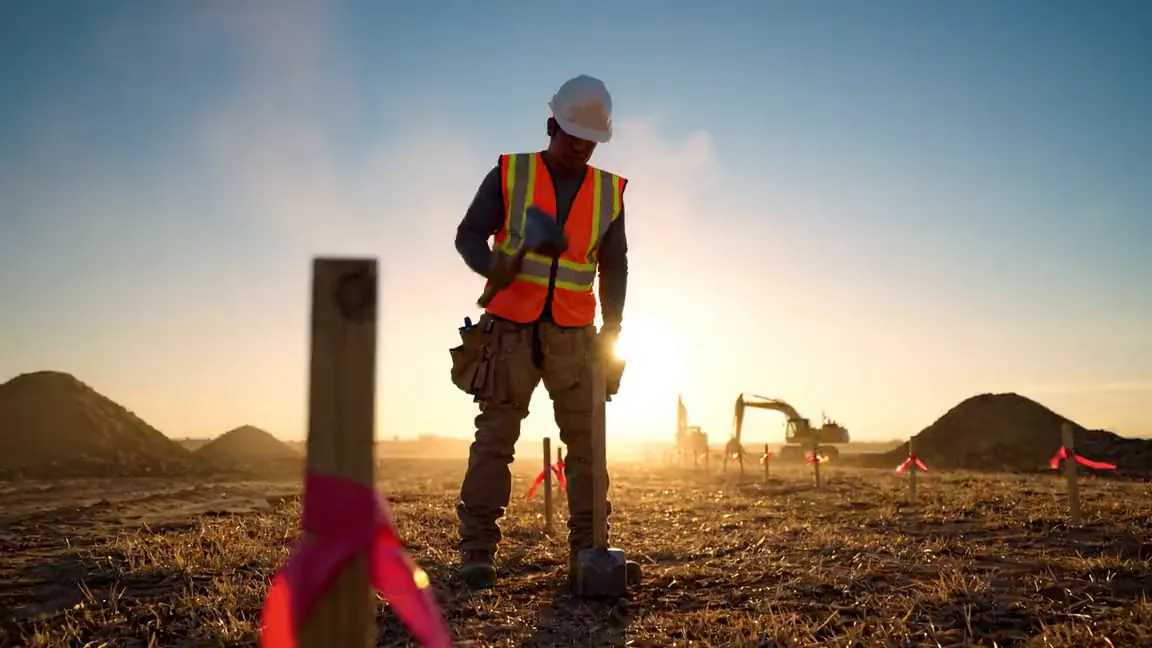 Field supervisor checking a hub stake with pink flagging at first light